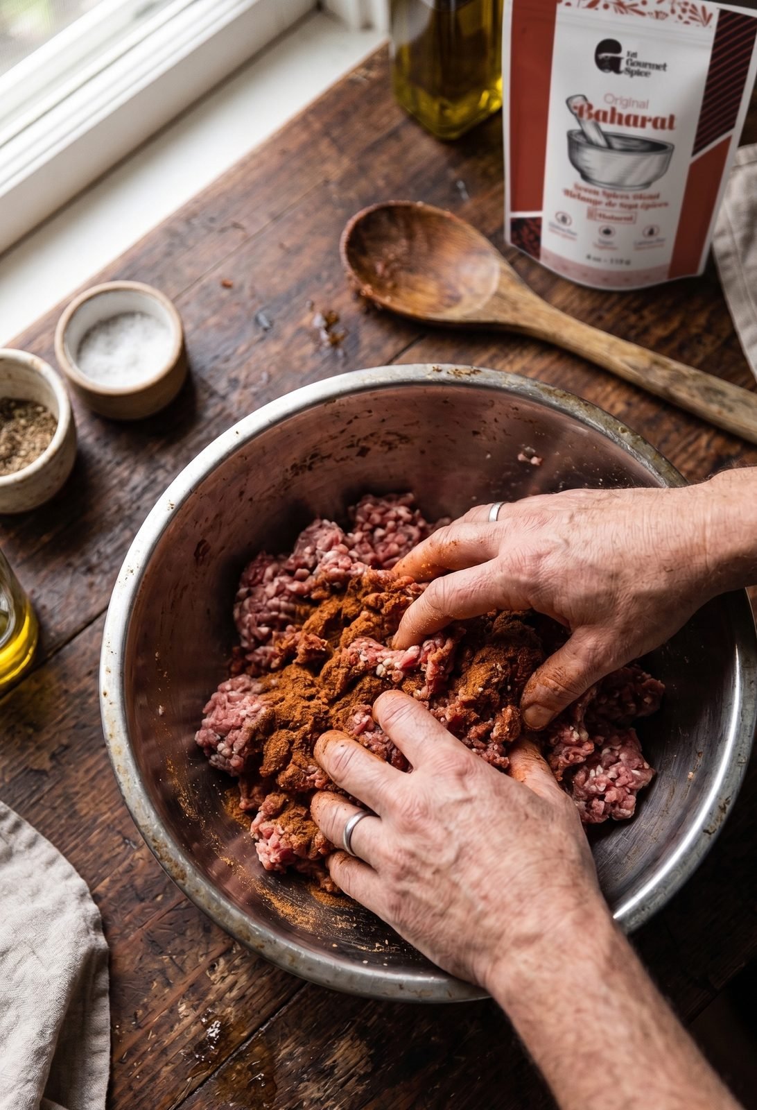 Mains mélangeant le baharat à de l'agneau haché dans un bol en acier avant de façonner des keftas