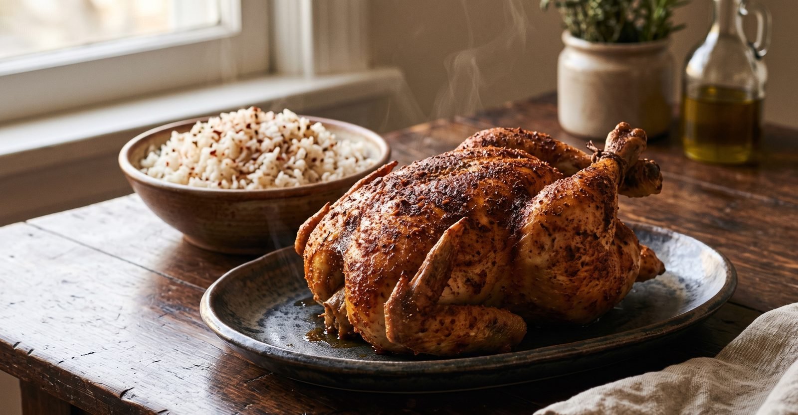 Poulet rôti entier avec une marinade sèche au baharat, peau dorée, servi avec un bol de riz