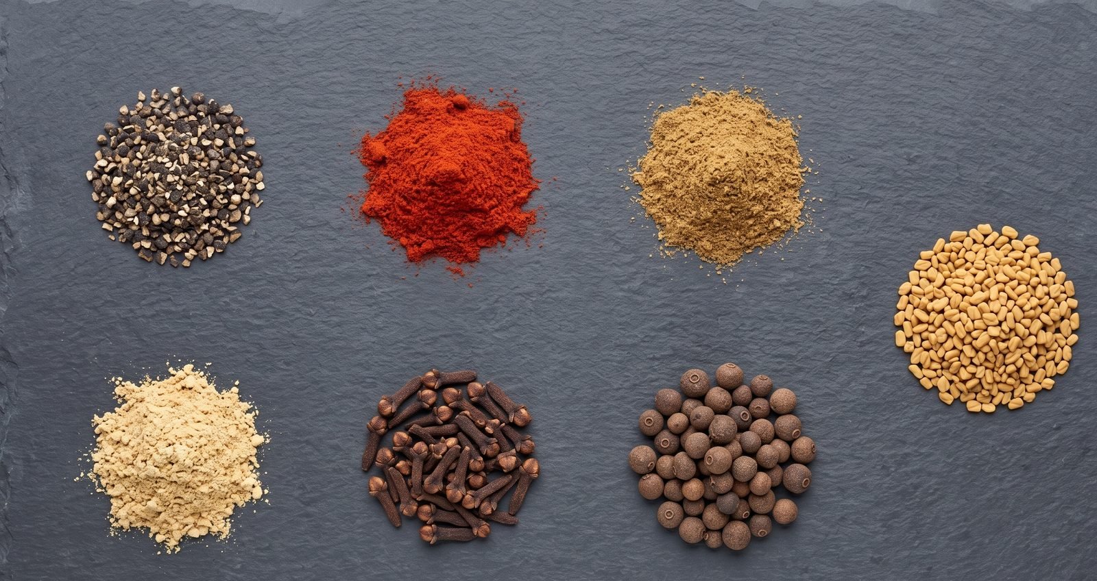 Les sept ingrédients du baharat séparés : poivre noir, paprika, cumin, gingembre, girofle, piment de la Jamaïque, fenugrec