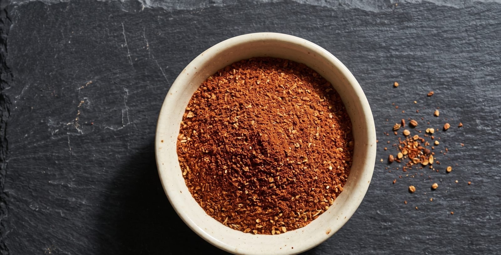 Mélange baharat moulu dans un bol en céramique crème sur ardoise foncée, mouture fine brun-rouge