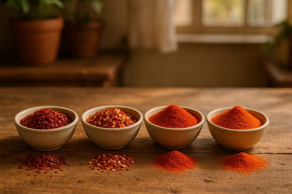 Four bowls containing Aleppo pepper flakes, red pepper flakes, paprika powder, and cayenne powder arranged on a rustic wooden table for spice comparison.