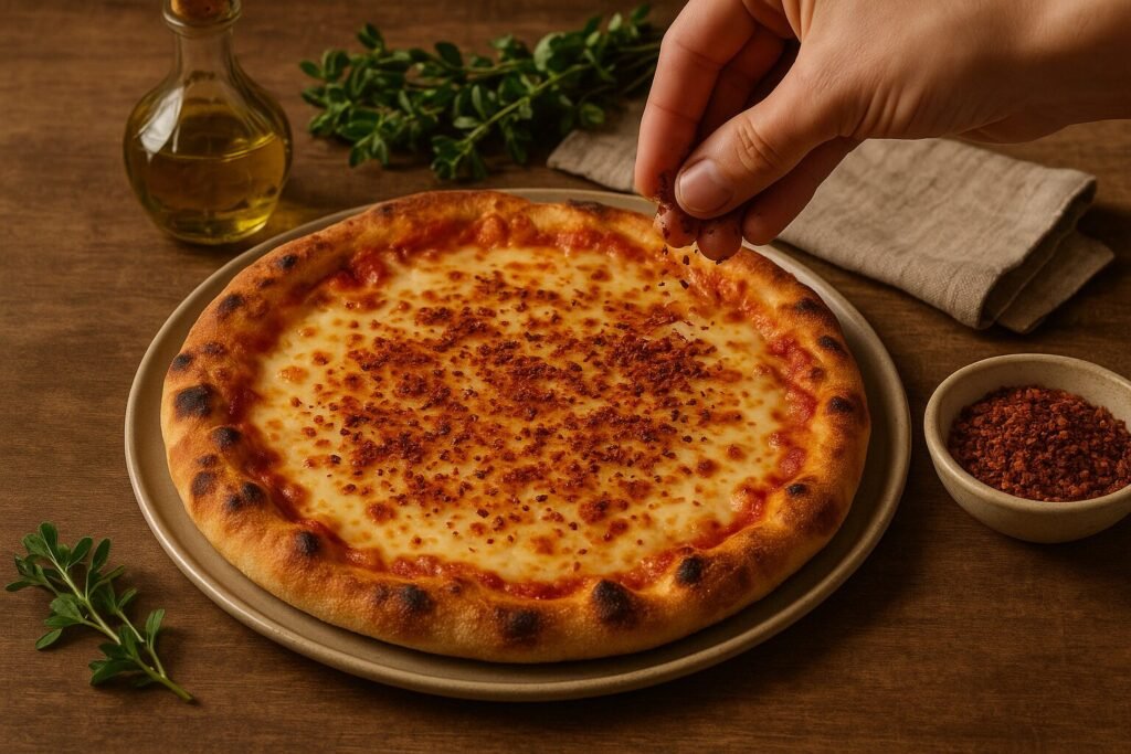 Hand sprinkling Aleppo pepper flakes over a freshly baked pizza, with a bowl of pepper flakes on the table and Mediterranean props in the background