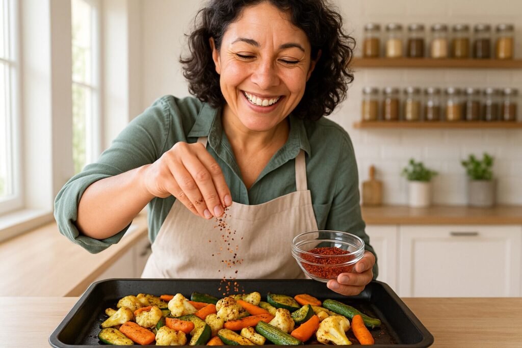 Home cook sprinkling Aleppo pepper flakes onto roasted vegetables on a baking tray in a sunlit modern kitchen with spice jars in the background.