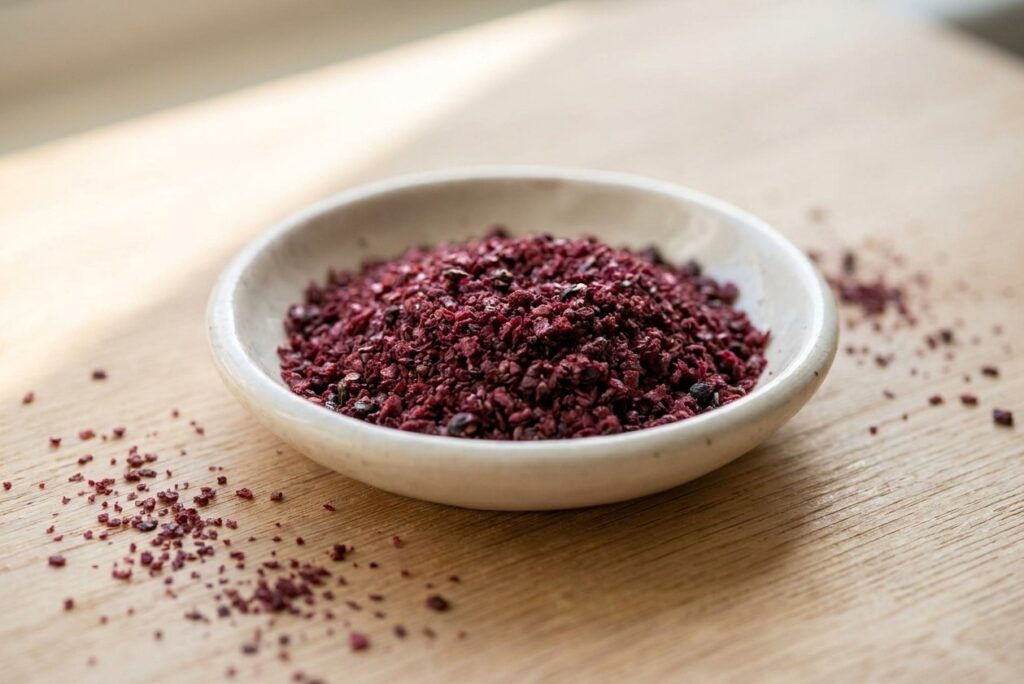 Coarse, deep red ground sumac flakes in a small ceramic dish, with loose flakes on a wooden board
