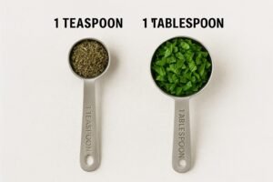 Measuring spoons showing 1 tsp dried mint next to 1 Tbsp chopped fresh mint to illustrate the 1:3 ratio.
