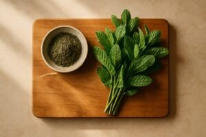 Overhead view of fresh mint leaves beside a bowl of dried mint on a wooden board in natural light.