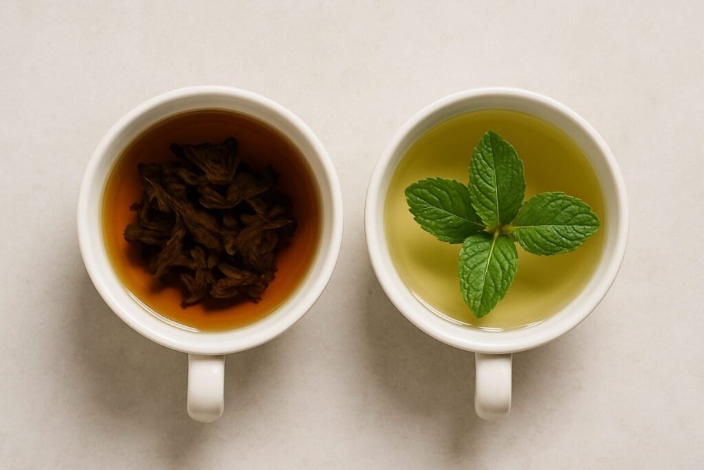 Two cups of mint tea side by side showing deeper dried-mint infusion and lighter fresh-mint infusion.