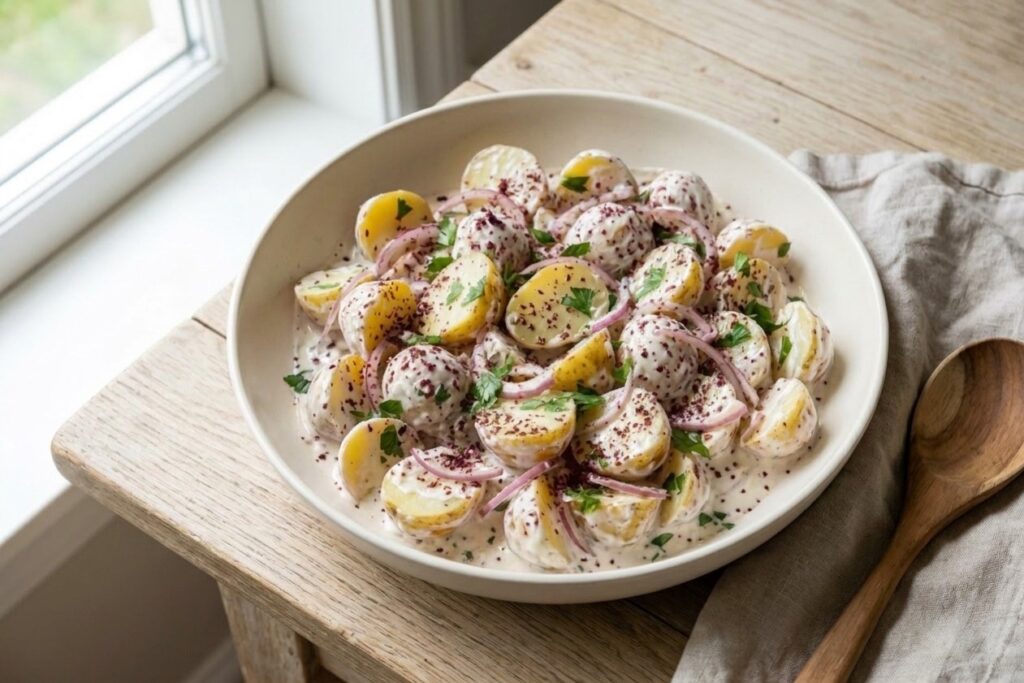 Creamy potato salad in a bowl, finished with coarse red sumac and chopped parsley