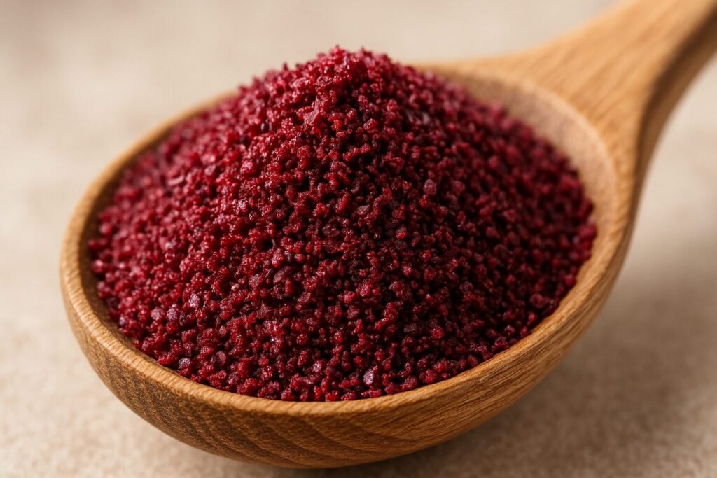 Macro close-up of ruby red ground sumac spice granules on a wooden spoon against a neutral background.