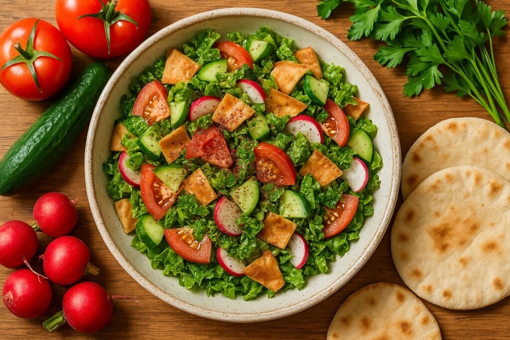 Overhead view of a Mediterranean fattoush salad sprinkled with sumac spice, served in a ceramic bowl with pita bread on the side.