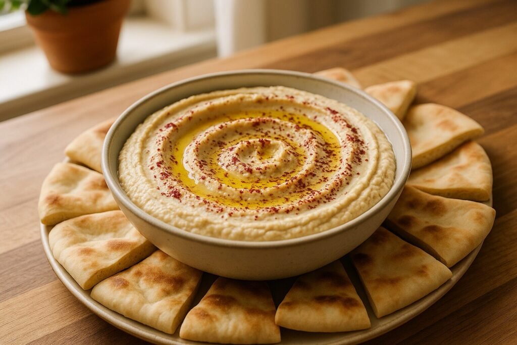 Bowl of creamy hummus topped with olive oil and sprinkled with red sumac spice, surrounded by slices of fresh pita bread.