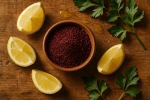 Small clay bowl of ground red sumac spice with lemon wedges and olive oil on a wooden table, photographed in natural light.