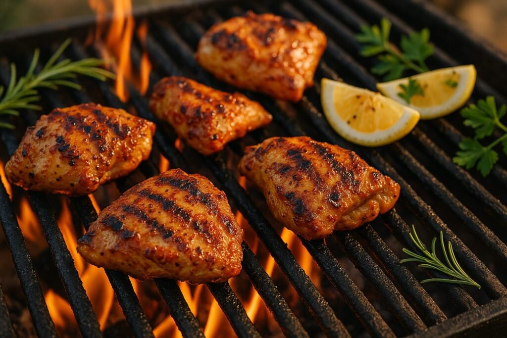 Grilled chicken brushed with Aleppo pepper marinade and served with lemon wedges and herbs.
