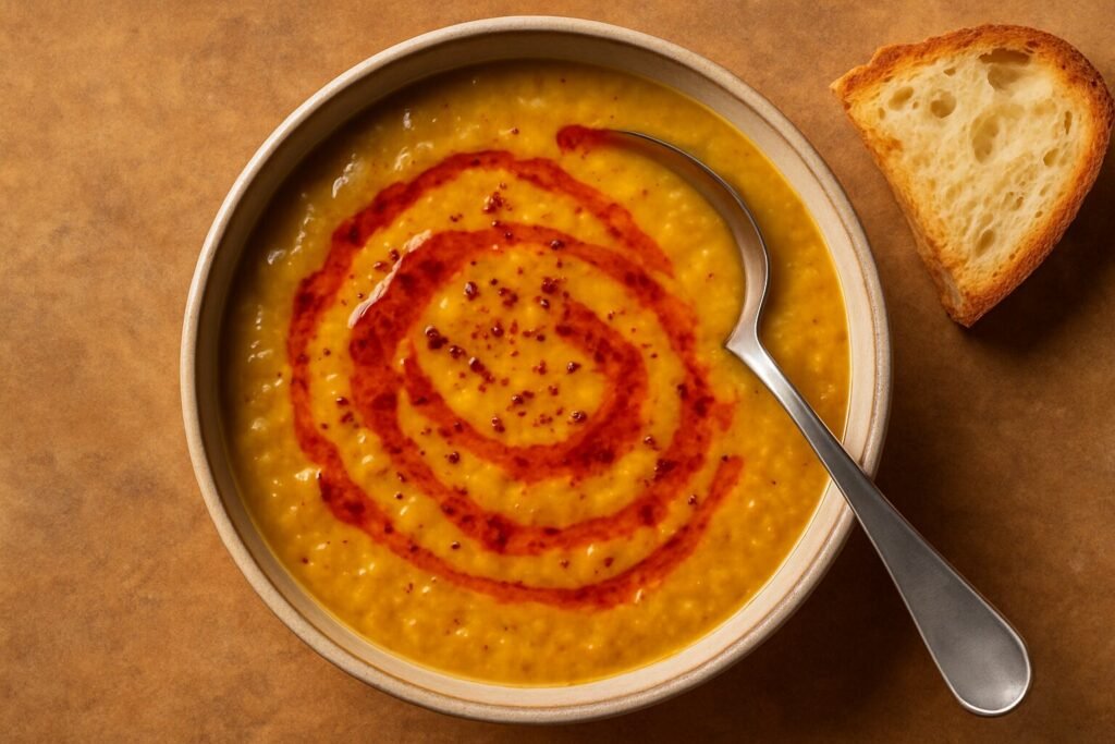 Bowl of lentil soup topped with Aleppo pepper-infused olive oil and served with bread.