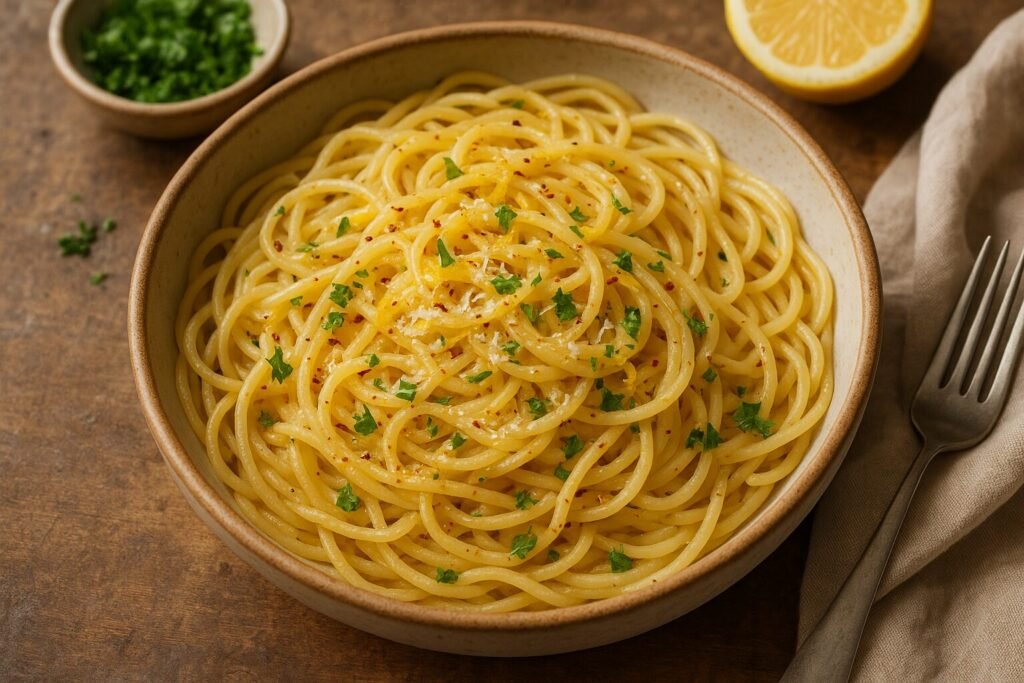 Spaghetti with butter, garlic, lemon zest, and Aleppo pepper flakes, topped with parsley and cheese.