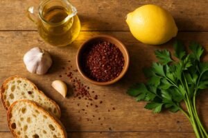 Overhead view of Aleppo pepper flakes with olive oil, lemon, garlic, and herbs on a wooden table.