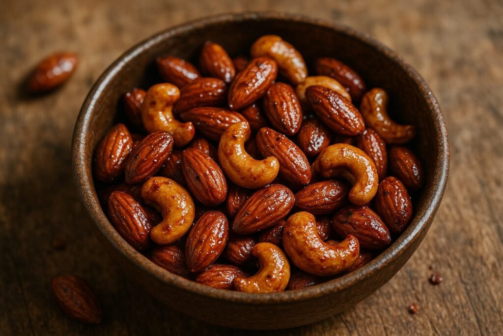 Roasted almonds and cashews glazed with honey and Aleppo pepper in a small rustic bowl.