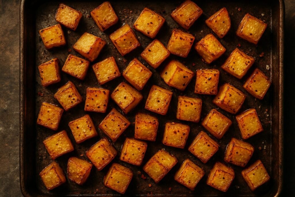 Golden roasted potato cubes seasoned with Aleppo pepper and sea salt on a rustic baking sheet.