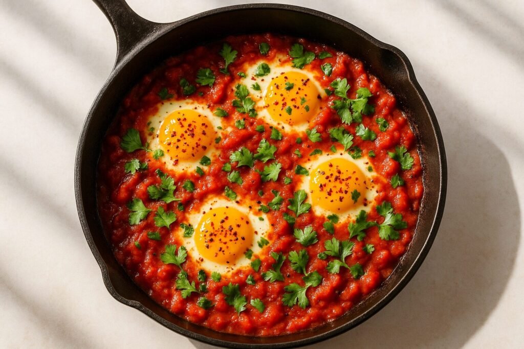 Poached eggs in tomato sauce sprinkled with Aleppo pepper and fresh herbs, served in a skillet.