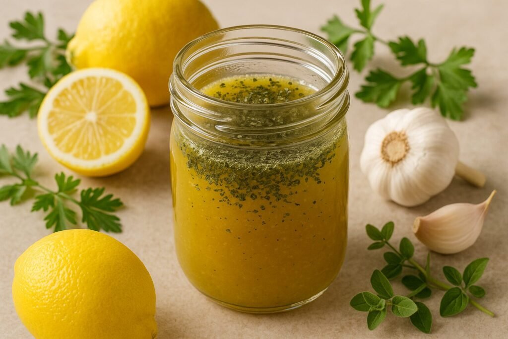 Lemon garlic dressing in a jar mixed with dried mint, beside lemons and herbs.
