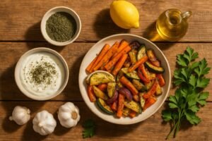 Overhead view showing dried mint with yogurt dip, roasted vegetables, lemon, olive oil, and herbs on a rustic wooden table.