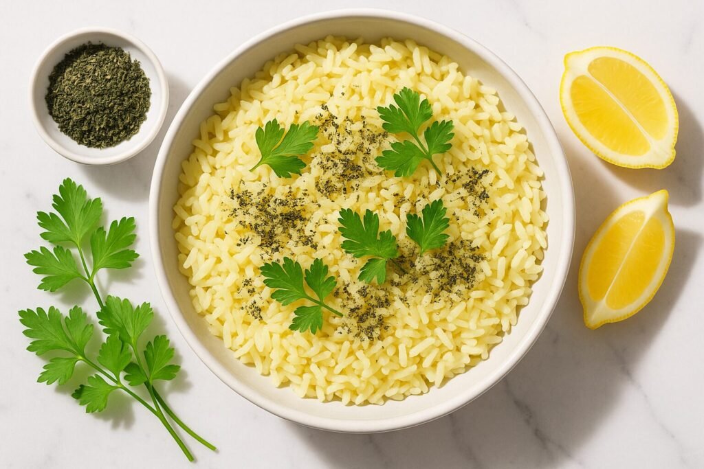 Overhead view of lemon rice garnished with dried mint and parsley, demonstrating how to use dried mint in rice and grains. Bright daylight, clean Mediterranean styling.