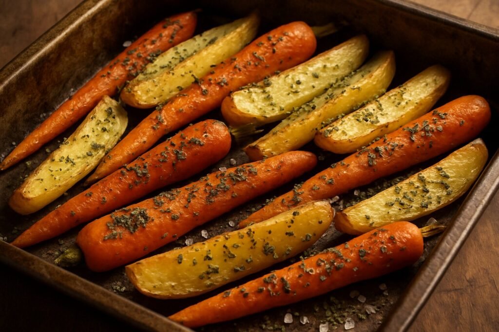 Roasted carrots and potatoes seasoned with dried mint and sea salt on a baking tray.