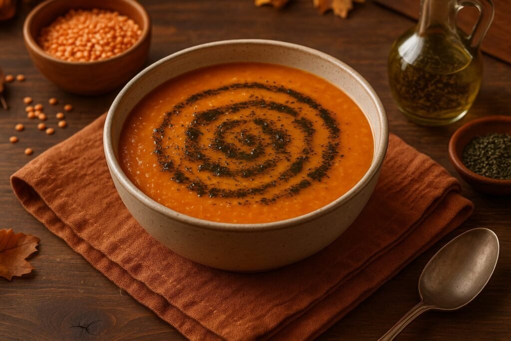 Red lentil soup topped with dried mint infused olive oil, served in a warm rustic setting.