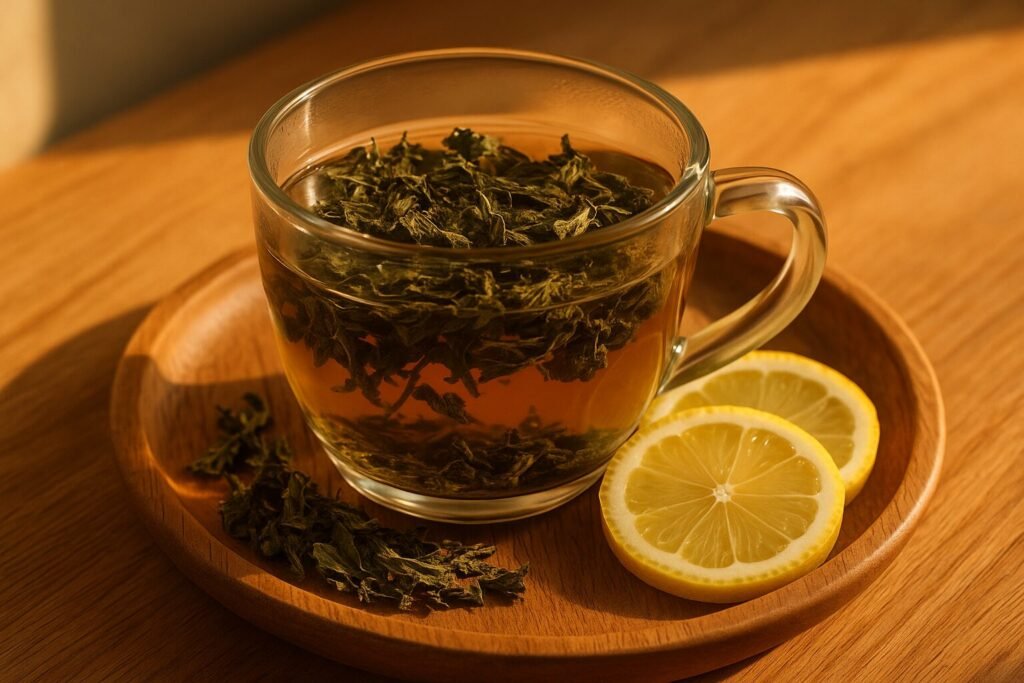 Cup of dried mint tea with lemon slices on a wooden tray in warm lighting.