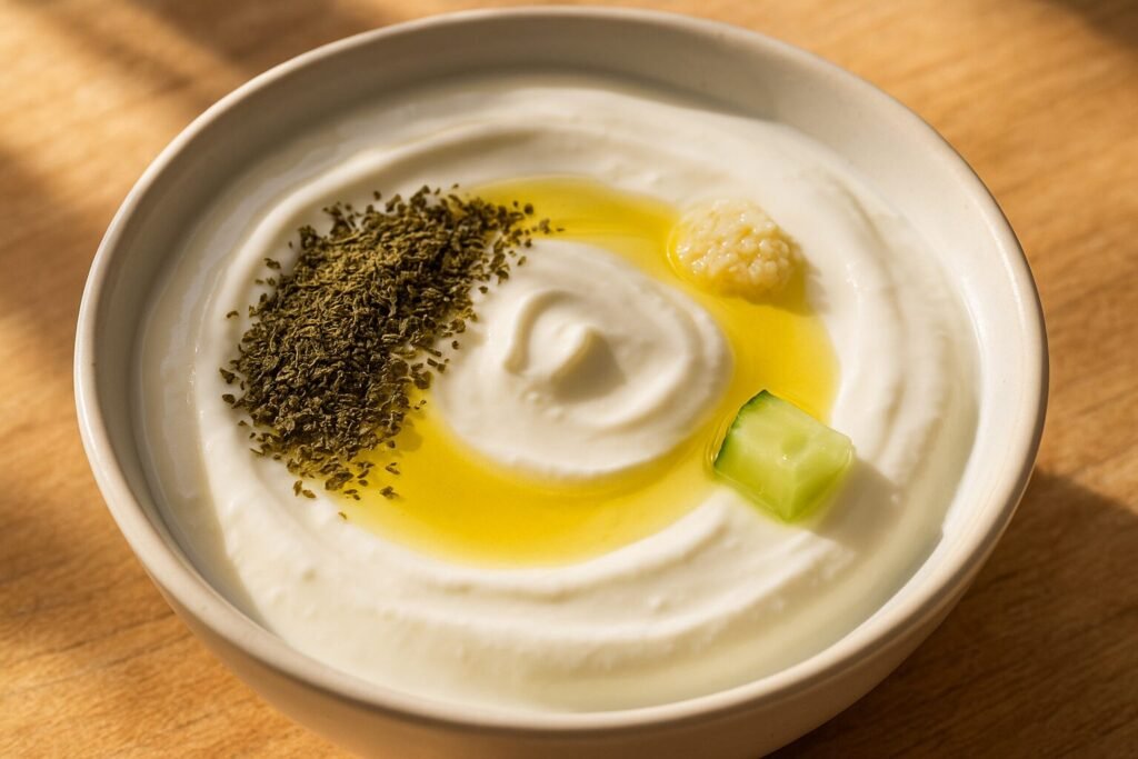 Creamy yogurt dip mixed with dried mint, cucumber, garlic, and olive oil in a bowl.