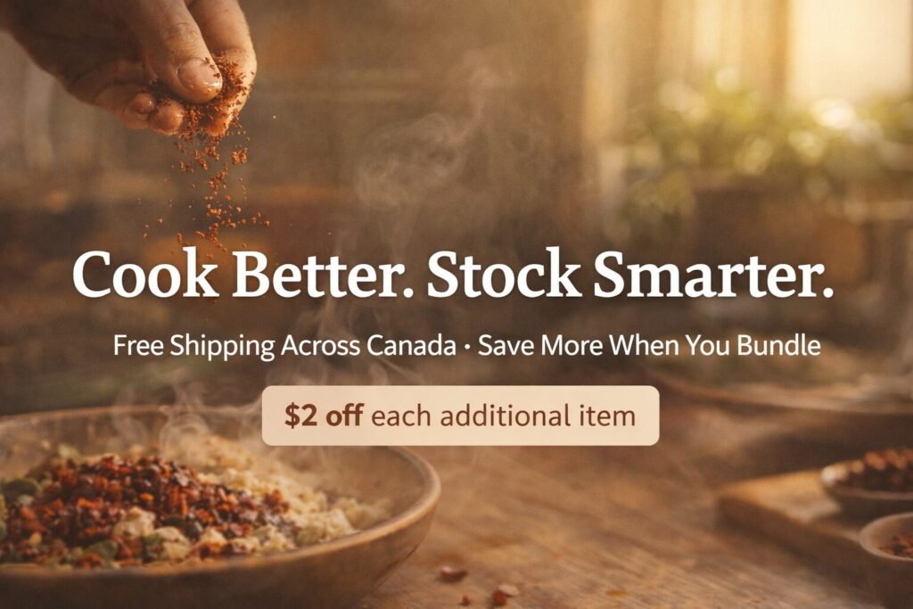 Promotional banner highlighting free shipping across Canada, multi-item discounts, and $2 off for each additional spice item from Edi Gourmet Spice.