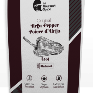 Front view of Edi Gourmet Spice Original Urfa Pepper pouch showing Isot pepper illustration, dietary icons, and 4 oz packaging.