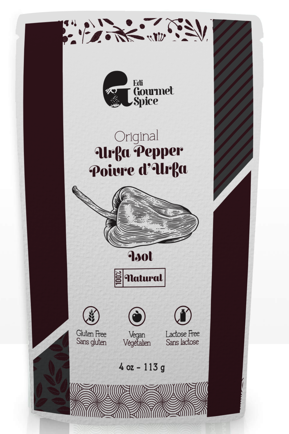 Front view of Edi Gourmet Spice Original Urfa Pepper pouch showing Isot pepper illustration, dietary icons, and 4 oz packaging.