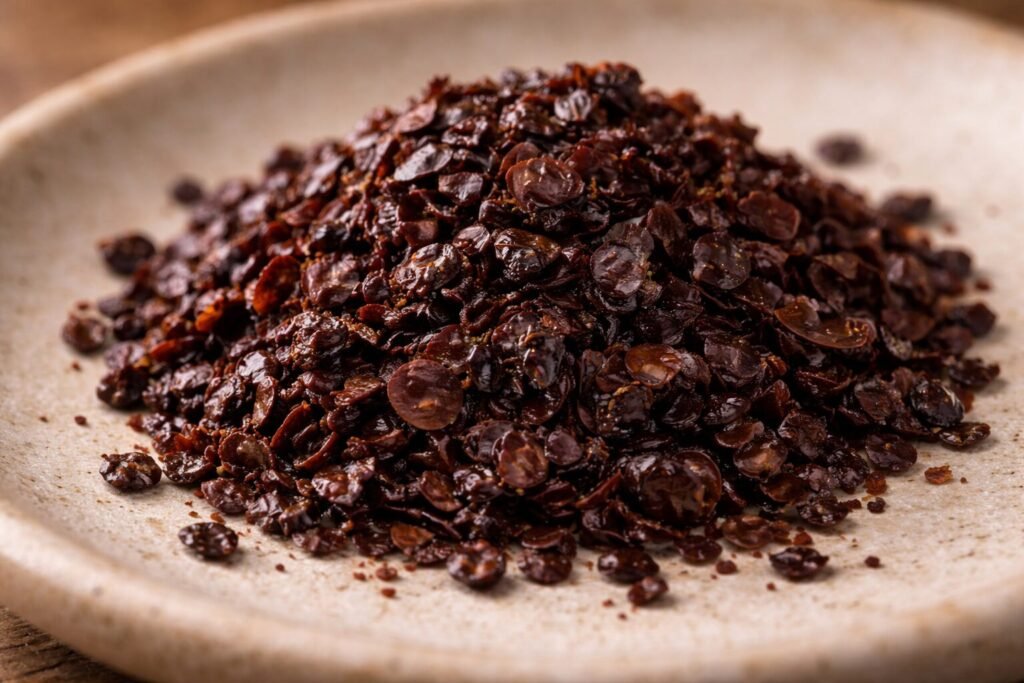 Close-up of dark purple-black Urfa pepper flakes showing slightly oily texture and minimal seeds.