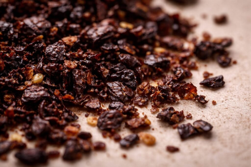 Close-up texture of Urfa pepper flakes with dark smoky and slightly oily appearance
