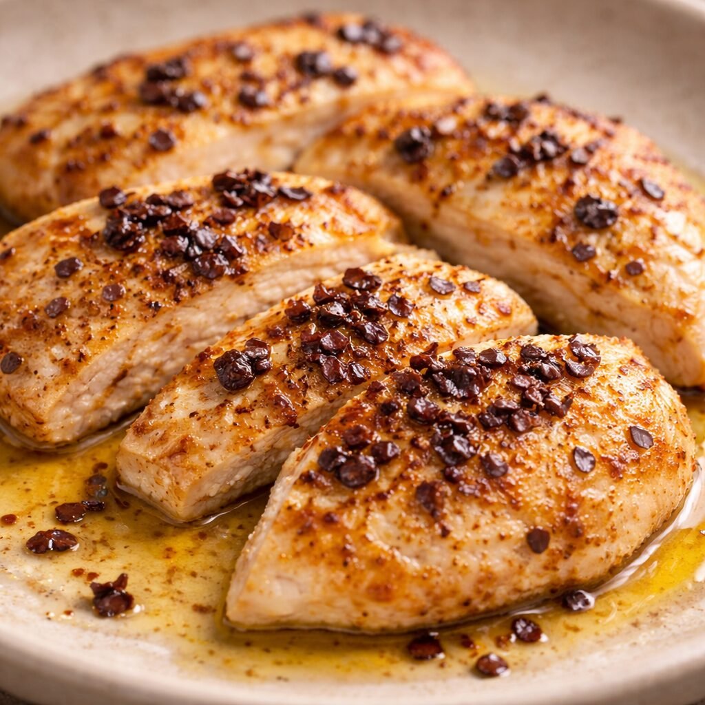 Grilled chicken breast seasoned with Urfa pepper flakes, showing mild heat and smoky finish.