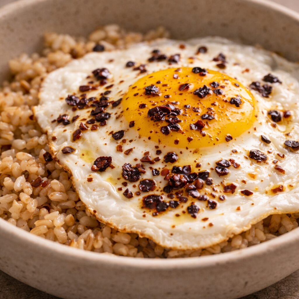 Fried egg topped with Urfa pepper flakes, showing how the spice adds color and smoky flavor to breakfast dishes.
