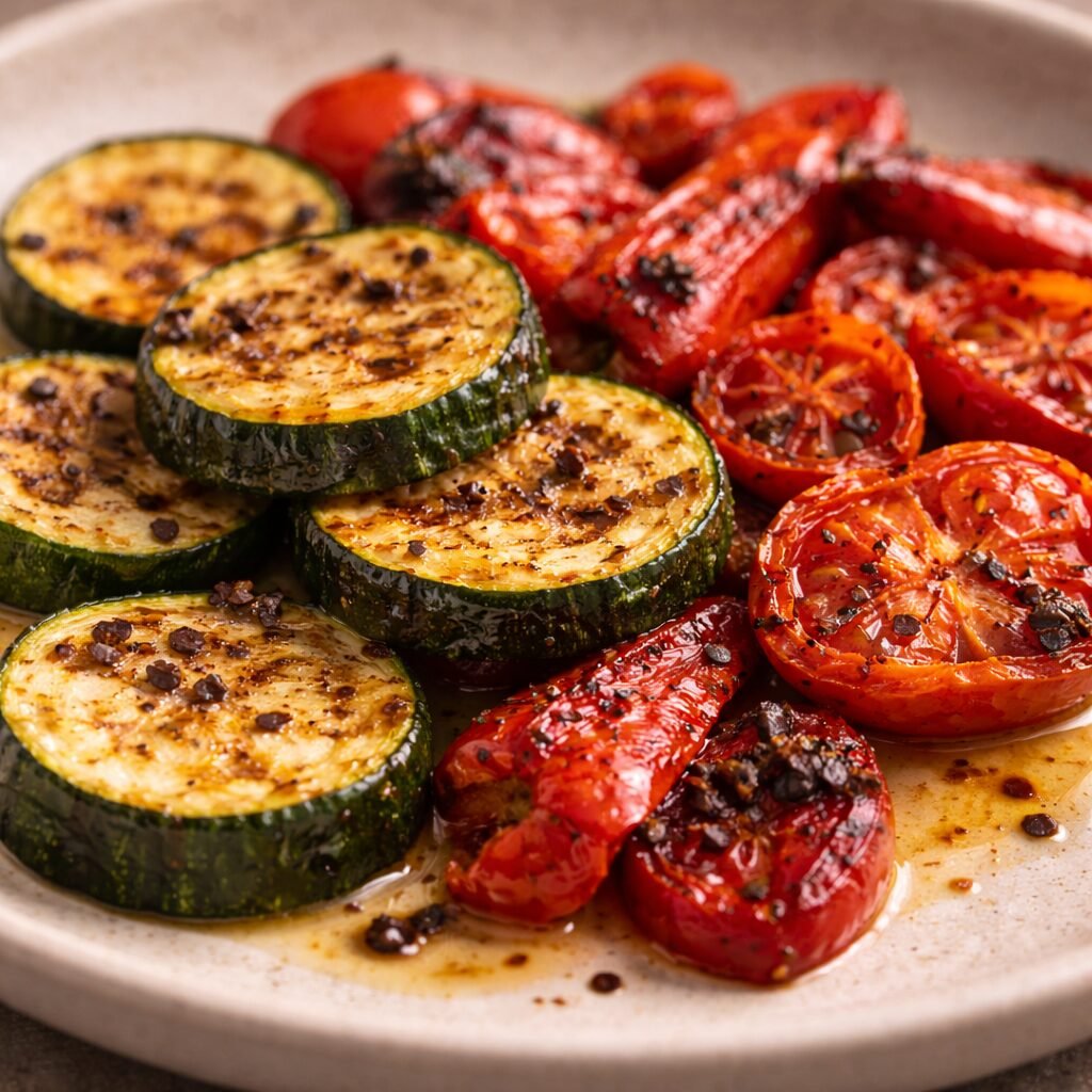 Roasted zucchini and tomatoes seasoned with Urfa pepper flakes and olive oil.