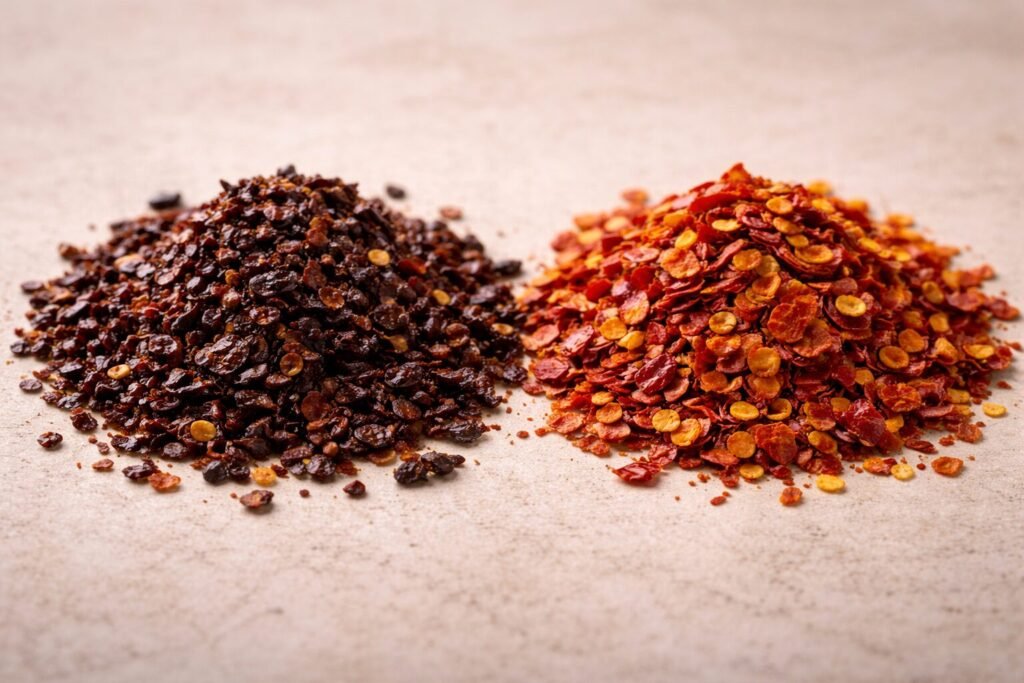 Comparison of dark Urfa pepper flakes and brighter red chili flakes