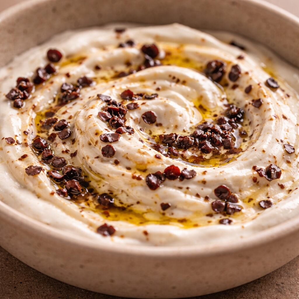 Creamy yogurt topped with olive oil and Urfa pepper flakes, a traditional Turkish mezze preparation.