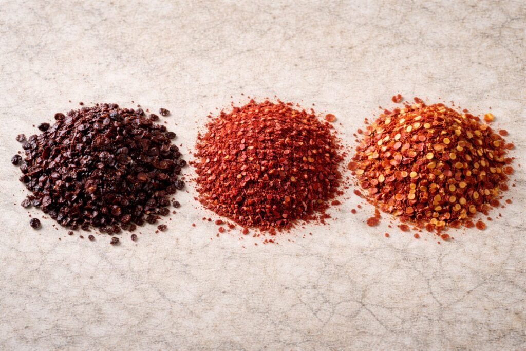 Side-by-side comparison of Urfa pepper, Aleppo pepper, and crushed red pepper flakes showing differences in color, texture, and seeds.