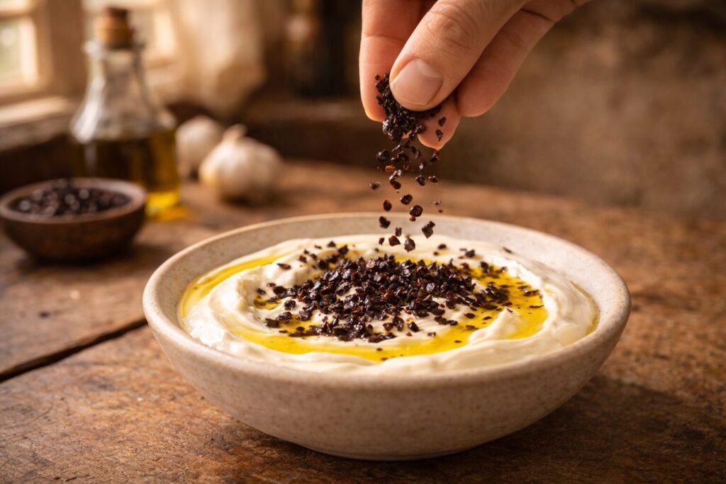 Hand sprinkling dark Urfa pepper over yogurt with olive oil in a rustic kitchen setting.