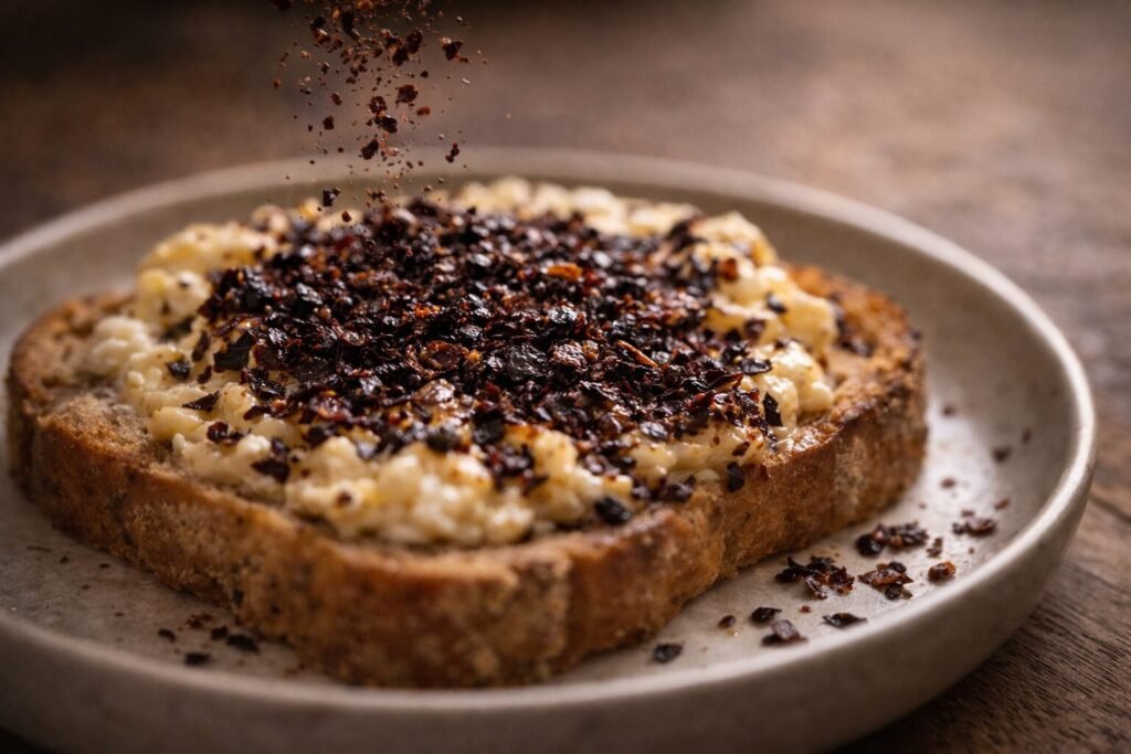 Urfa pepper flakes showing dark smoky texture and mild Turkish chili appearance