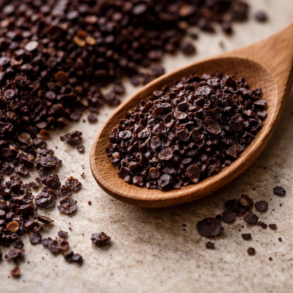 Dark Urfa pepper flakes on a stone surface with wooden spoon showing minimal seeds and oily texture