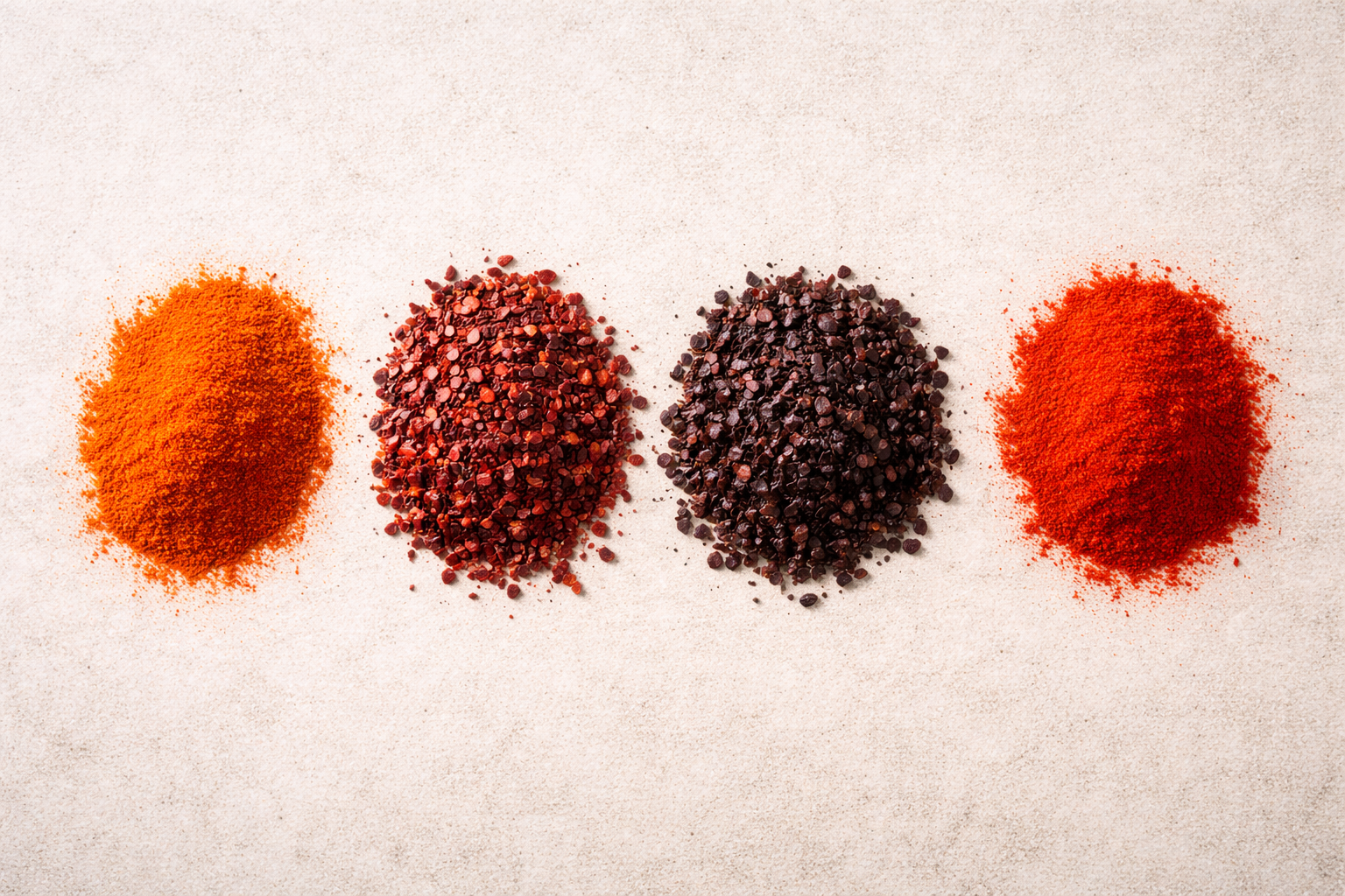 Four chili spices arranged left to right from mild to hot showing paprika, Aleppo, Urfa pepper, and cayenne