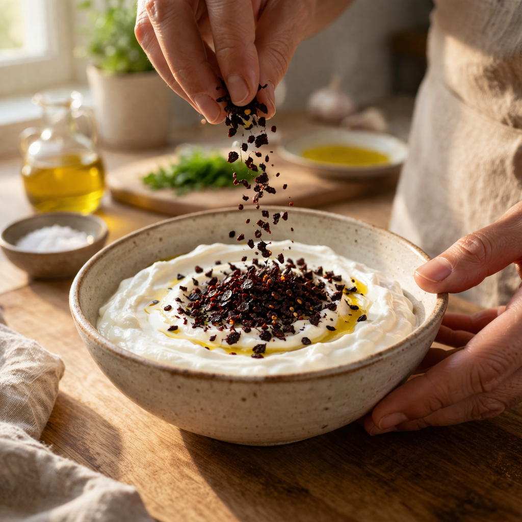 Hands sprinkling dark Urfa pepper flakes over yogurt as a finishing spice