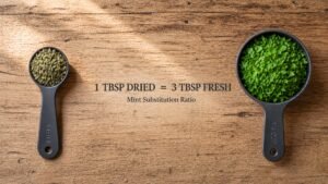 Two measuring spoons side by side showing 1 tsp dried mint and 3 tsp fresh mint on a wooden surface