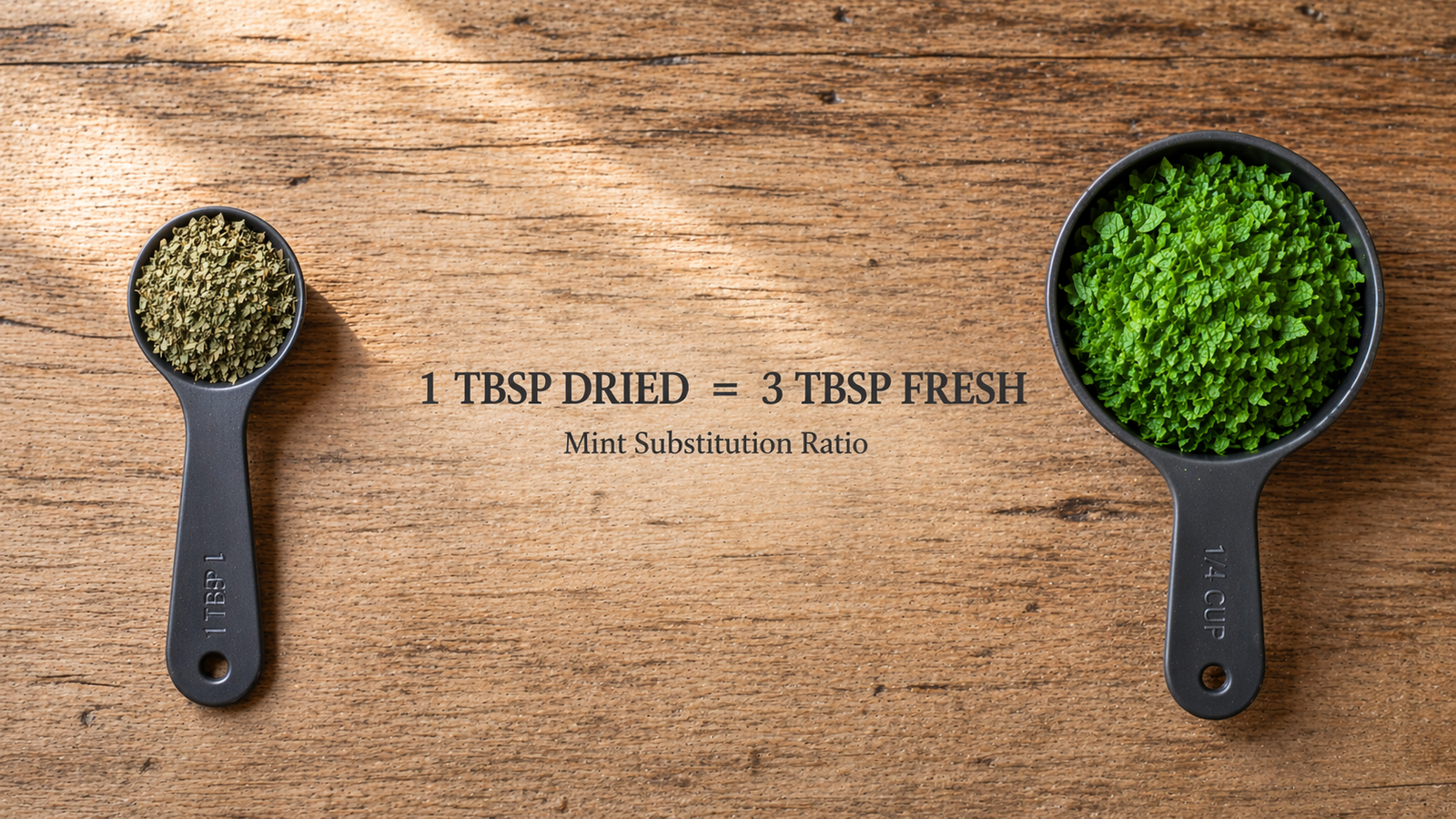 Two measuring spoons side by side showing 1 tsp dried mint and 3 tsp fresh mint on a wooden surface