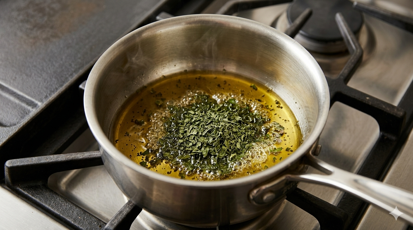 Dried mint flakes sizzling in warm olive oil in a stainless steel saucepan on a gas stovetop