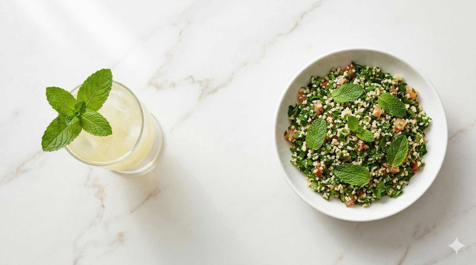Overhead view of iced mint lemonade and tabbouleh salad with fresh mint leaves on a marble surface